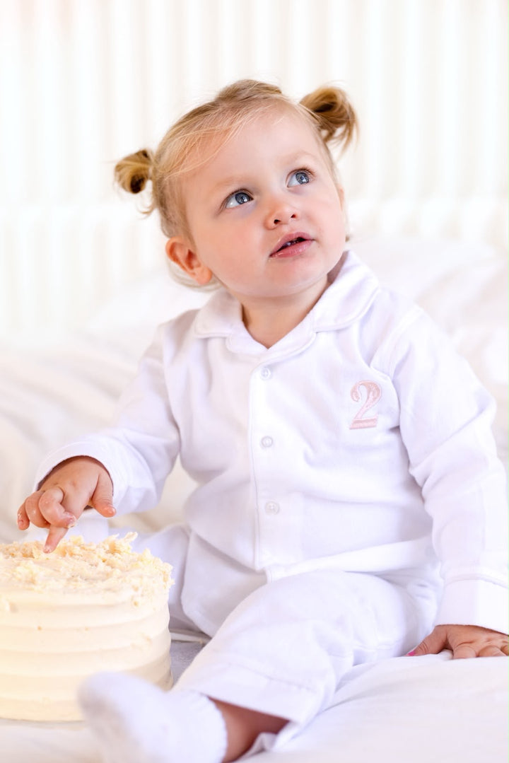 Birthday Age White Button Up Pyjama Set - Embroidered two side