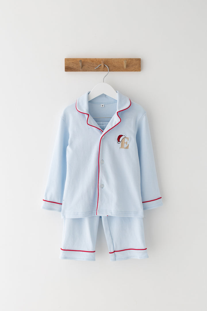 Sleigh Blue Children's matching PJ set - Initial Santas Hat embroidery
