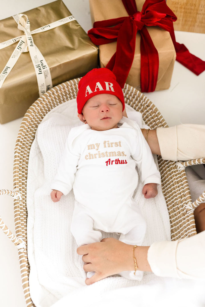 Name Baby RED Ribbed Beanie - embroidered