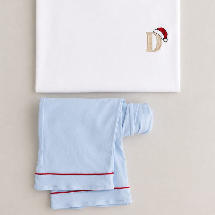 Sleigh Blue Mens matching PJ/Short set - Initial Santas Hat embroidery