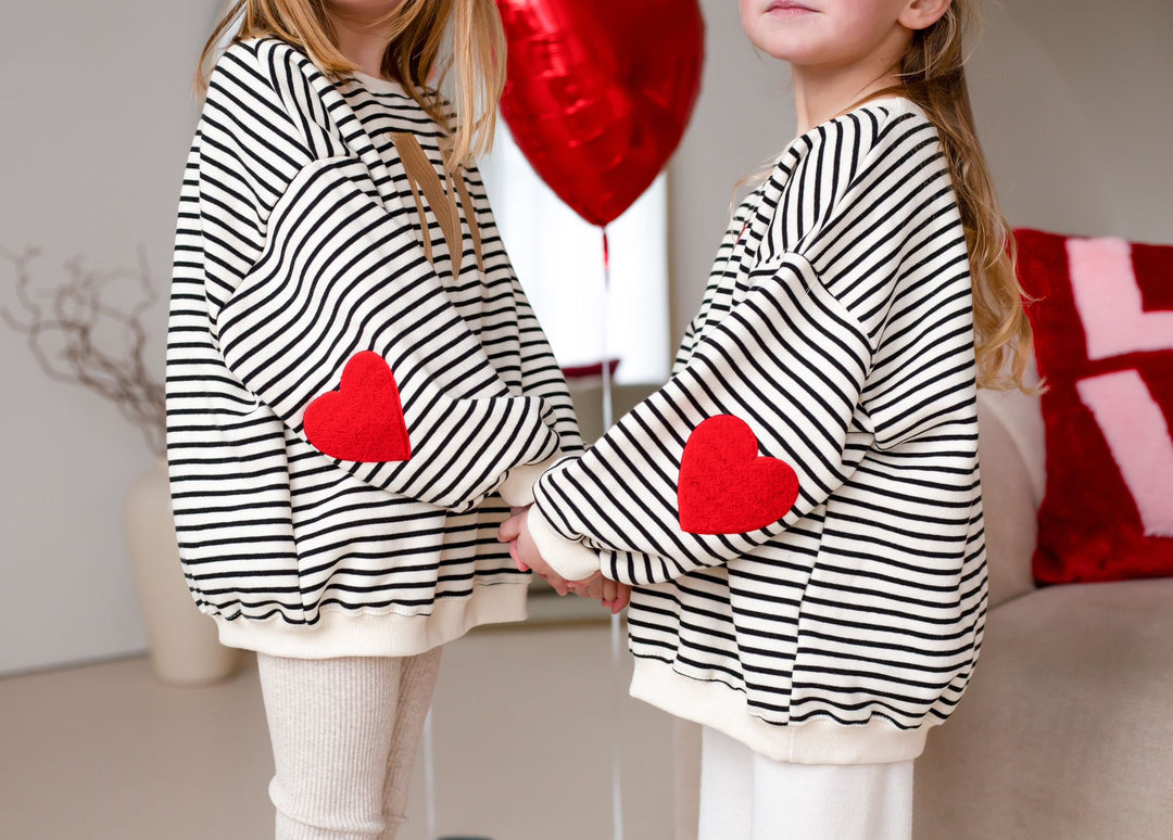 Fleece Stripe Heart Sweatshirt - Black Embroidered