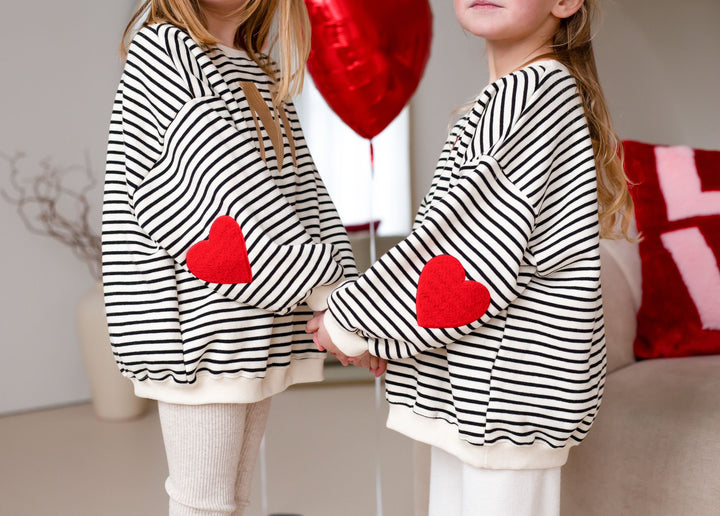 Fleece Stripe Heart Sweatshirt - Black Embroidered