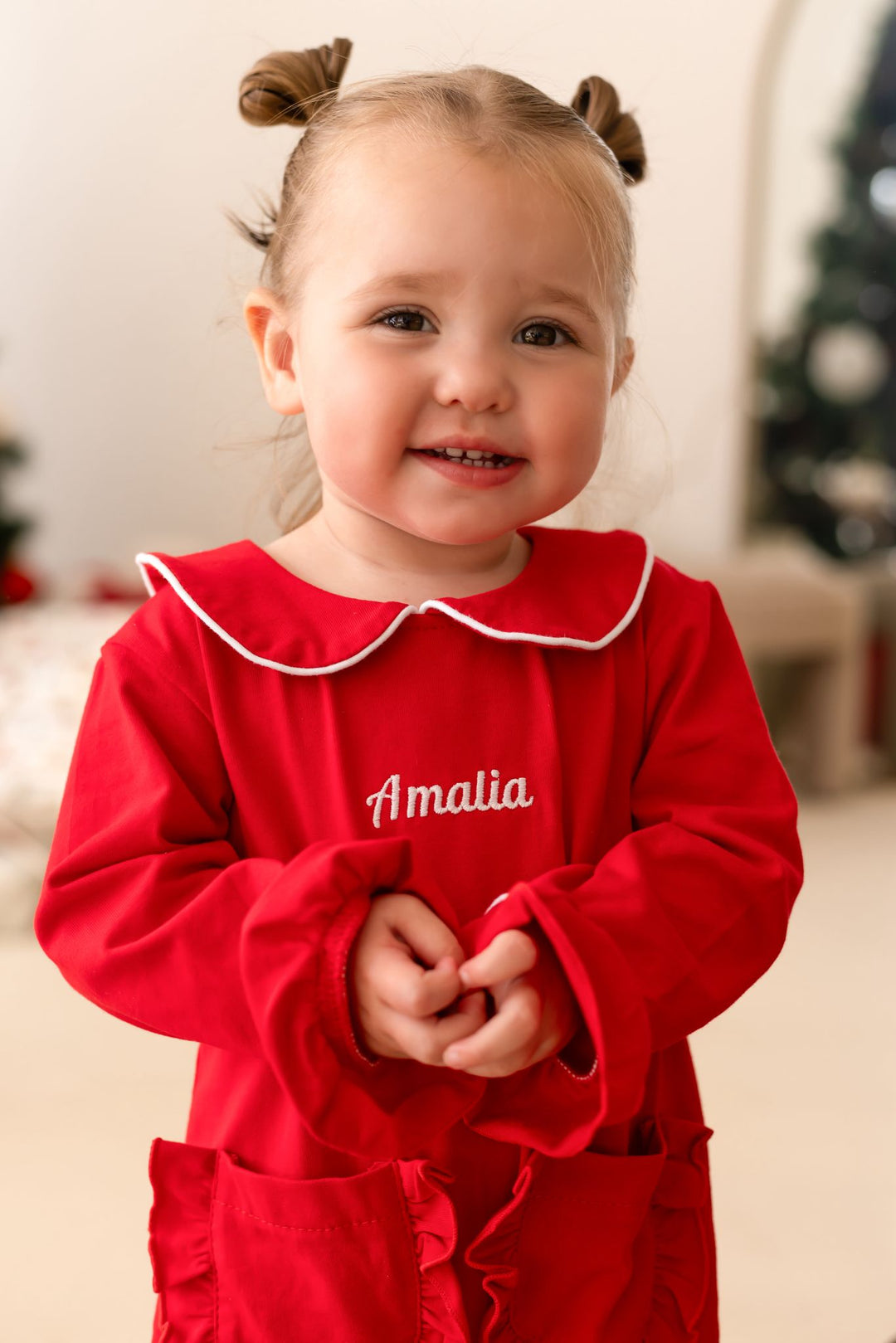 Frill Red Rompersuit with white trim - Embroidered