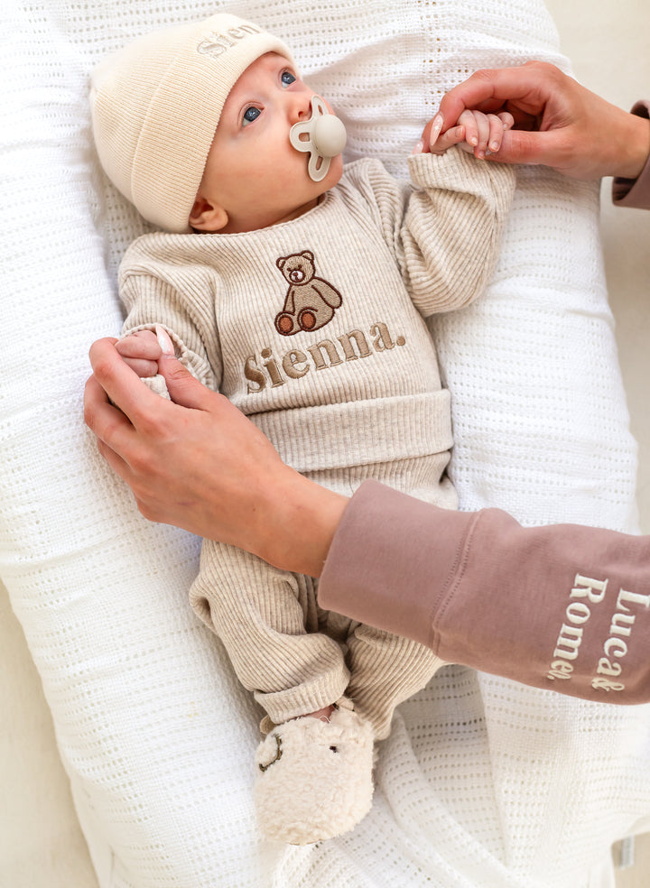 Oatmeal Bear Initial Ribbed Set - Embroidered