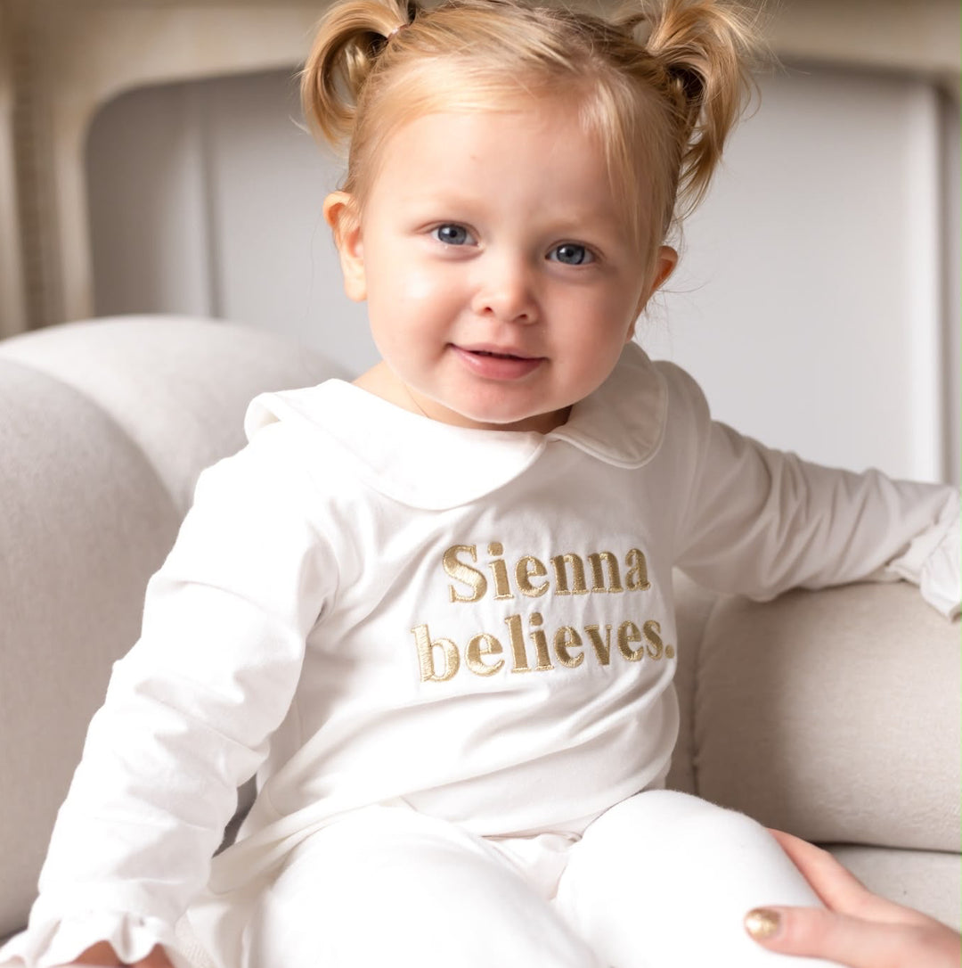 Ivory Rompersuit believes - Embroidered