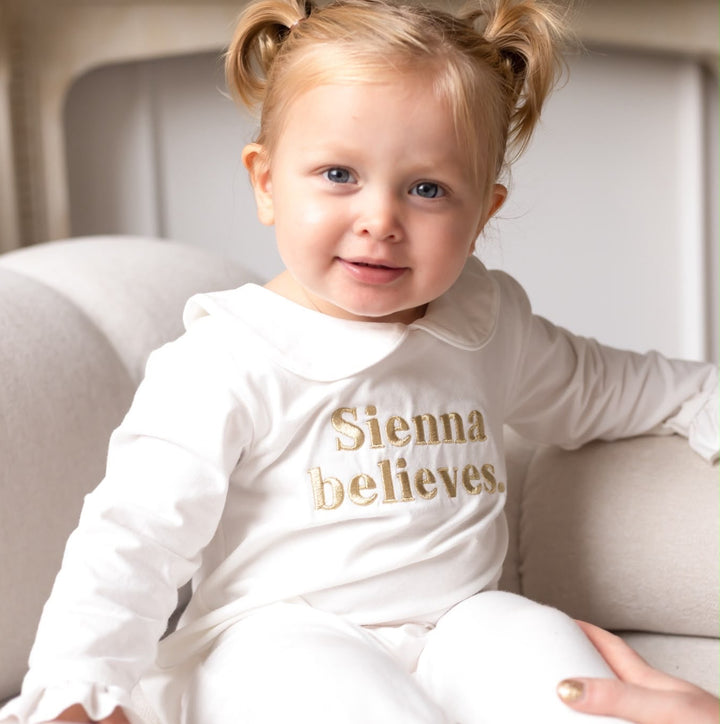 Ivory Rompersuit believes - Embroidered