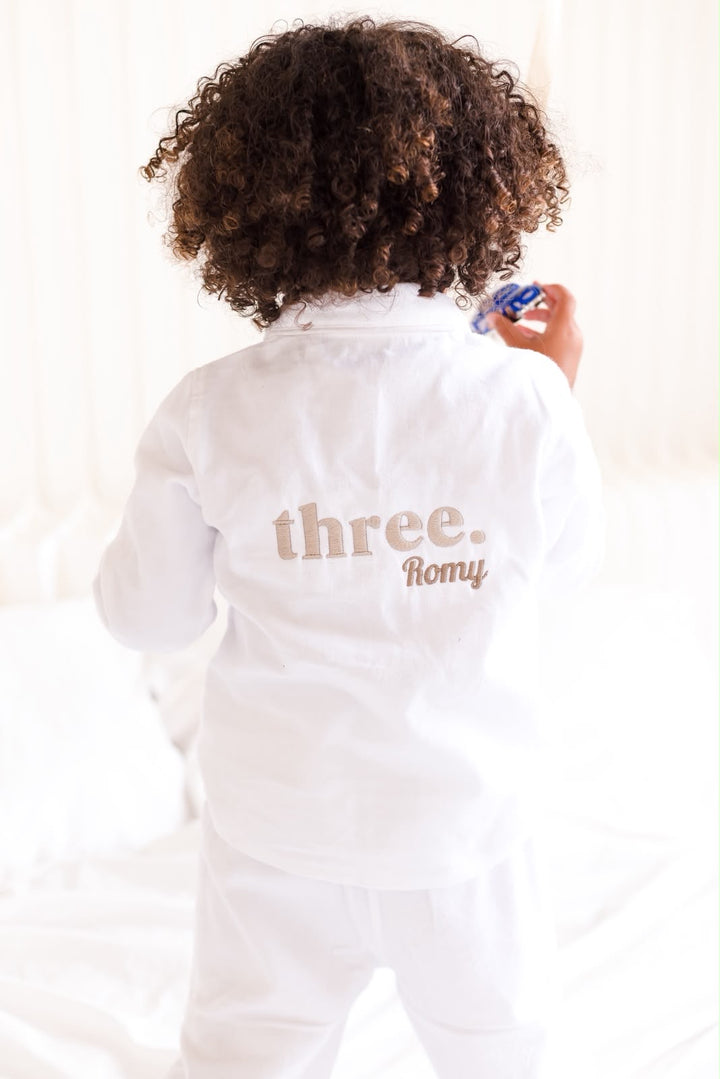 Birthday Age White Button Up Pyjama Set - Embroidered two side