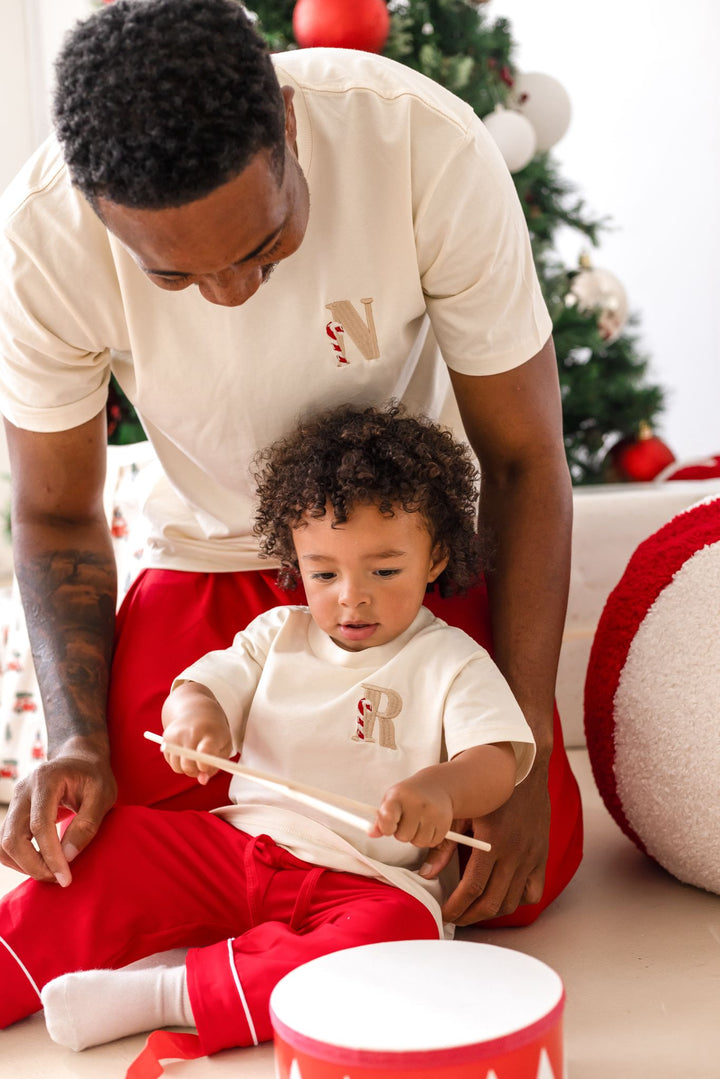 Mens Candy Cane Family Christmas Two Piece Set - Red with White trim