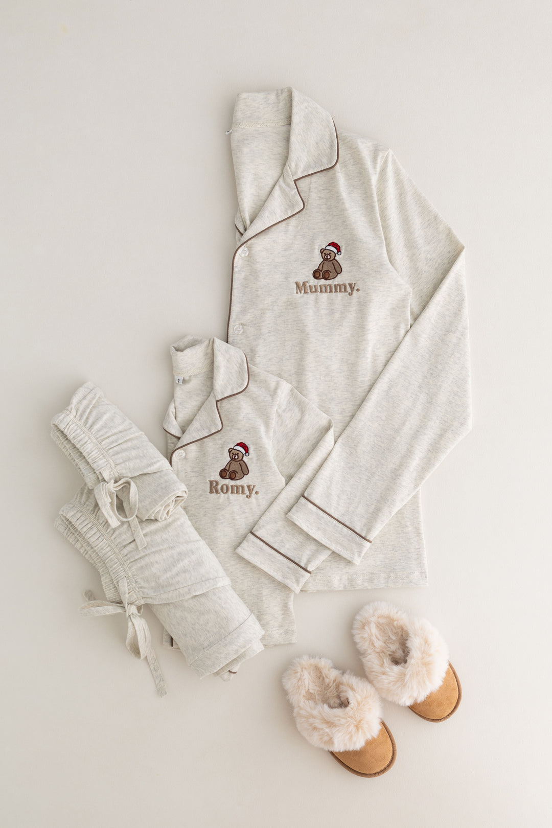 Oatmilk Women's matching PJ set - Bear Santas Hat embroidery