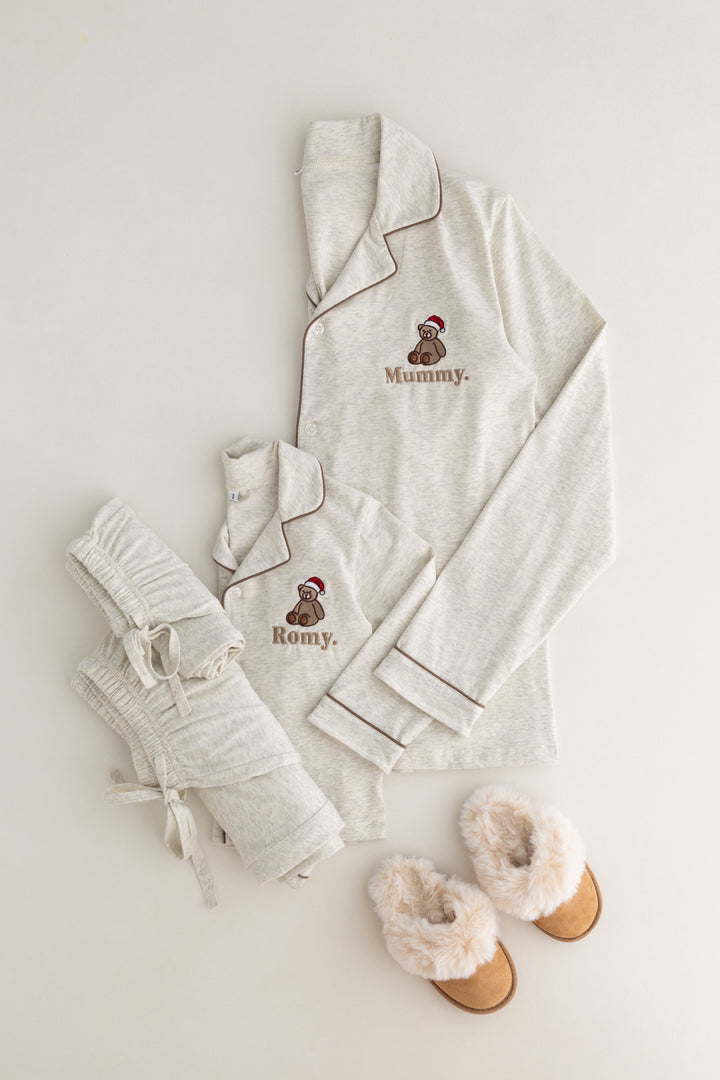 Oatmilk Women's matching PJ set - Bear Santas Hat embroidery