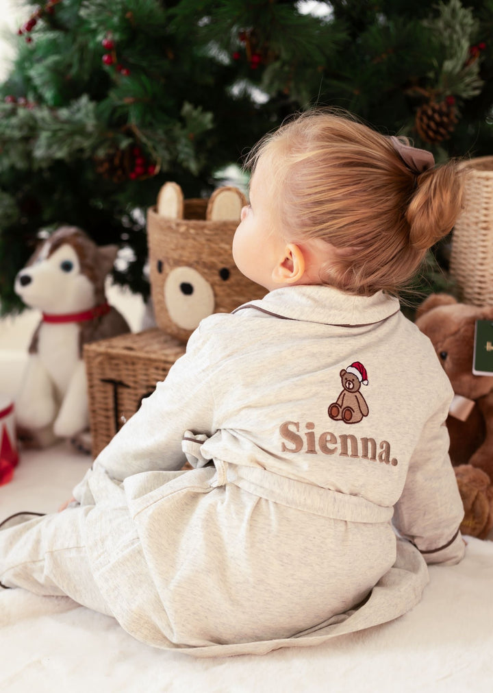 Oatmilk Dressing gown - Bear Santas Hat embroidery