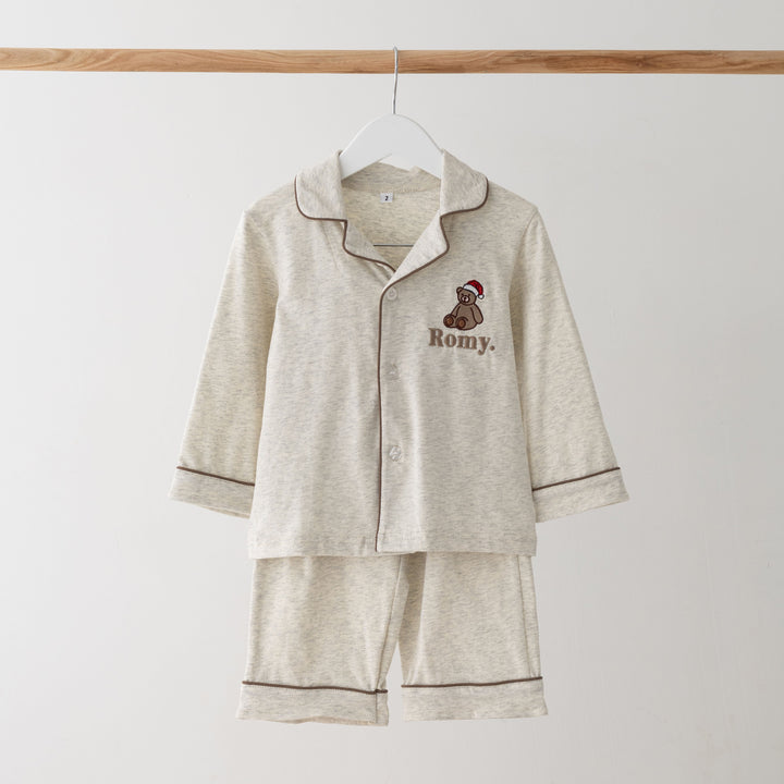 Oatmilk Children's matching PJ set - Bear Santas Hat embroidery
