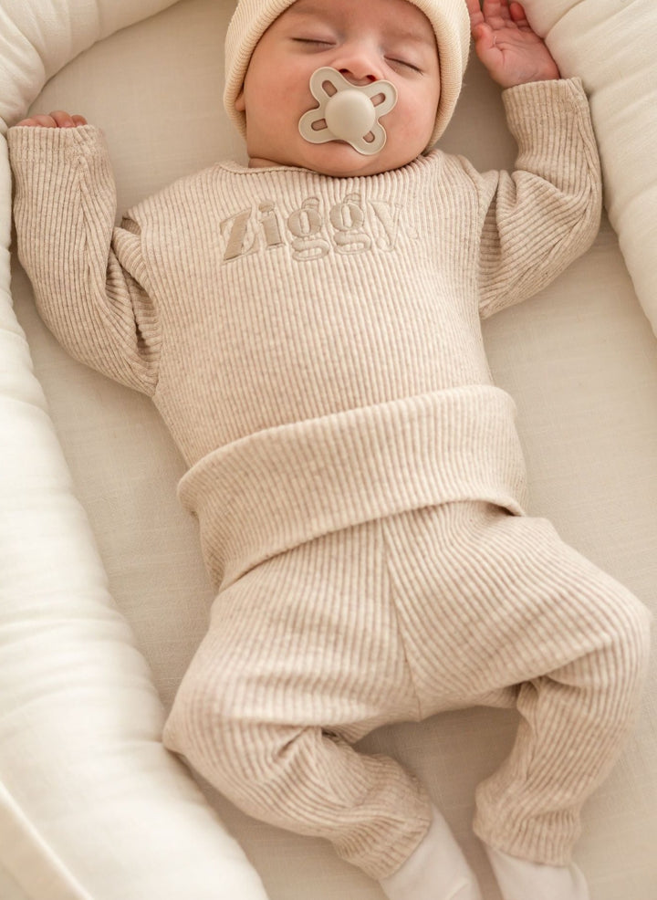 Oatmeal Ribbed Baby Set - Embroidered