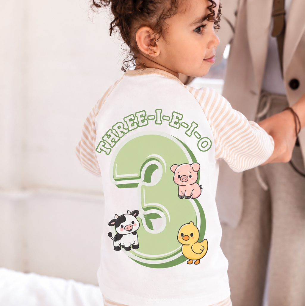 Farm Theme Birthday Stripe Pyjama Set - Print