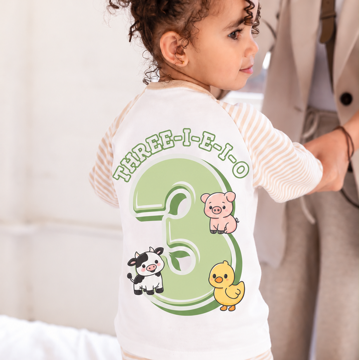 Farm Theme Birthday Stripe Pyjama Set - Print