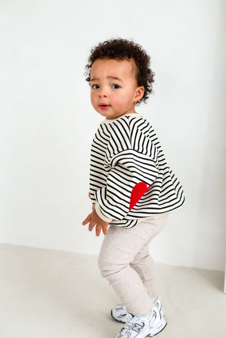 Fleece Stripe Heart Sweatshirt - Black Embroidered