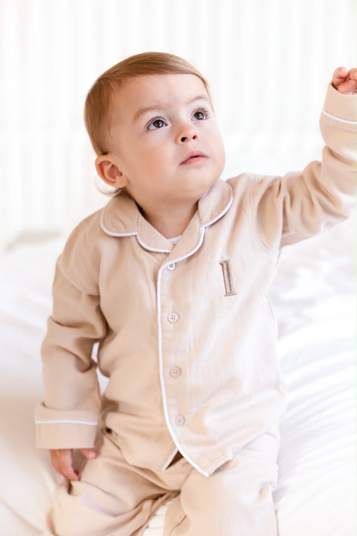 Bear Birthday Latte Button Up Pyjama Set - Embroidered two side
