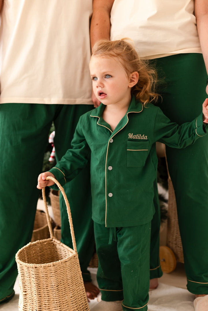 Festive Green Children's matching PJ set - Name embroidery