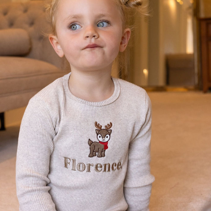 Oatmeal Reindeer name Ribbed Set - Embroidered