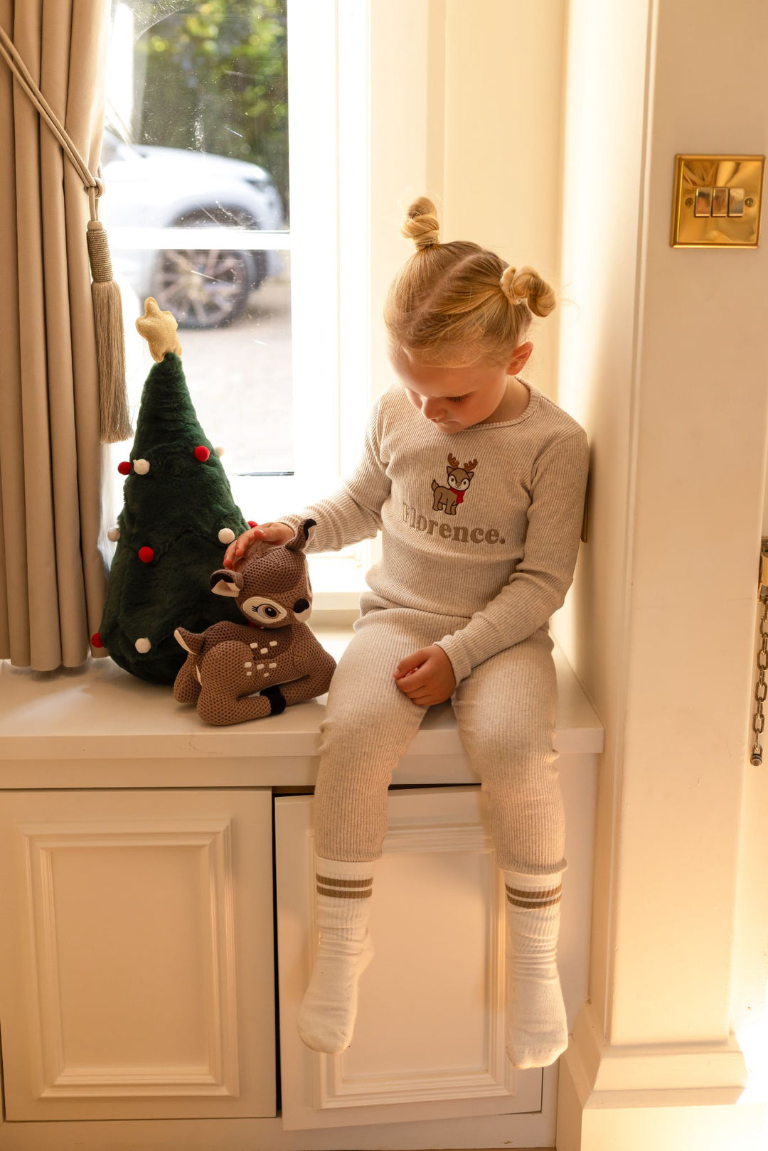 Oatmeal Reindeer name Ribbed Set - Embroidered