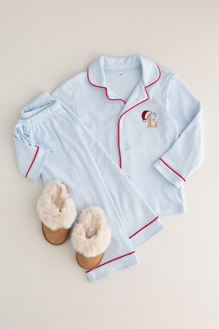Sleigh Blue Children's matching PJ set - Initial Santas Hat embroidery