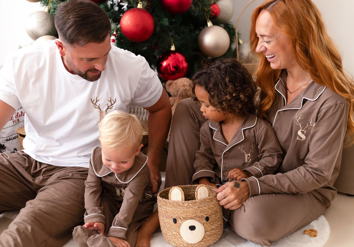 Mens Family Christmas Two Piece Set - Cappuccino with white trim - Embroidered