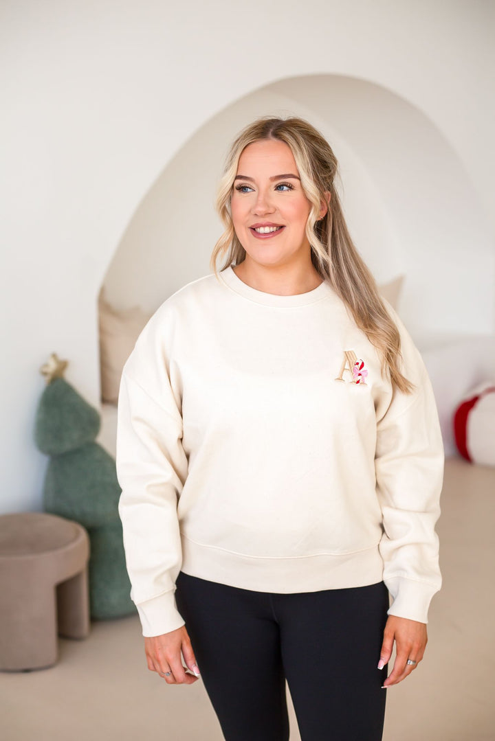Candy Cane Initial Adult Sweatshirt - Embroidered