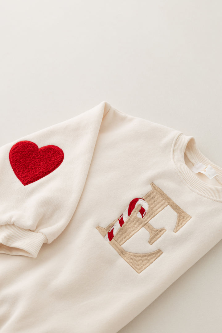 Candy Cane Initial Heart Sleeve Sweatshirt - Embroidered