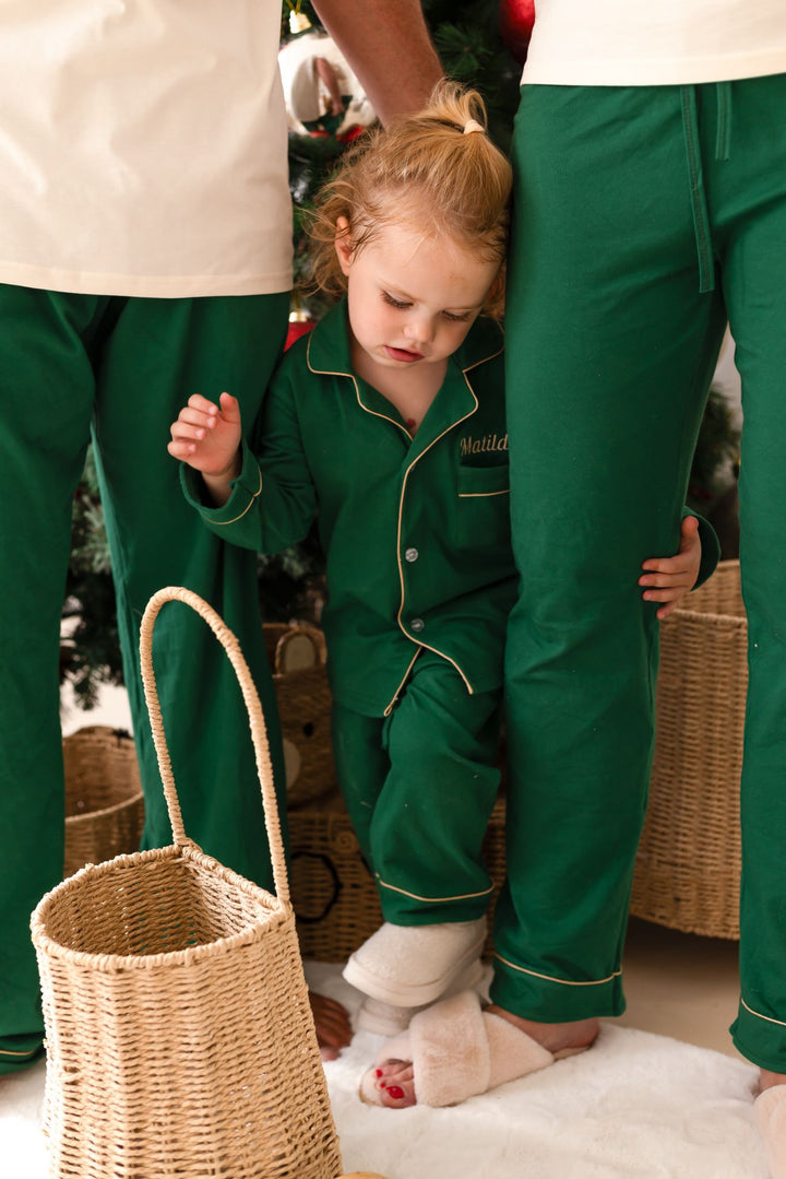 Festive Green Children's matching PJ set - Name embroidery