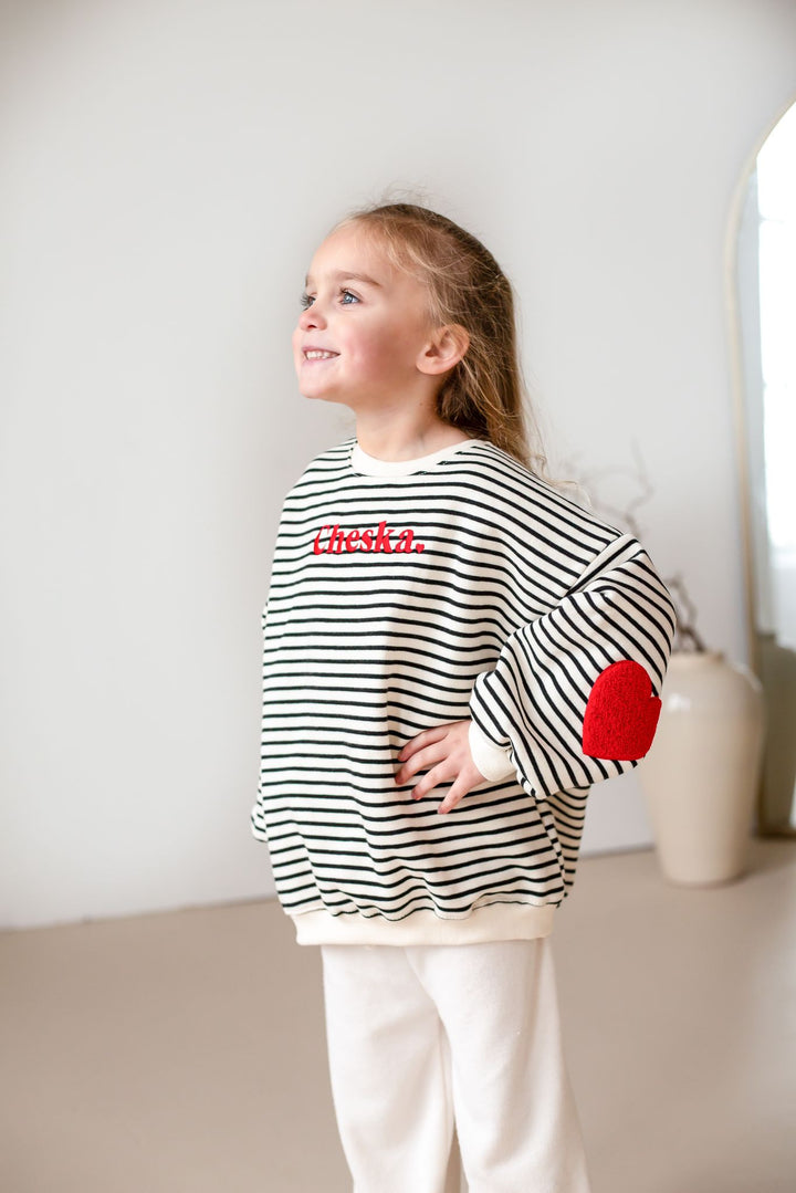 Fleece Stripe Heart Sweatshirt - Embroidered (name)