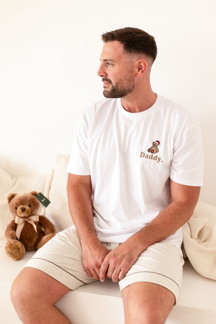 Oatmilk Men's matching PJ set -  Bear Santas Hat embroidery