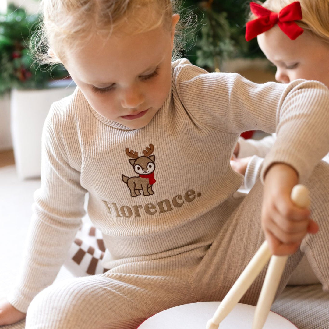 Oatmeal Reindeer name Ribbed Set - Embroidered