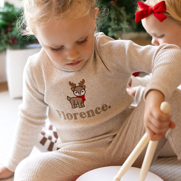 Oatmeal Reindeer name Ribbed Set - Embroidered
