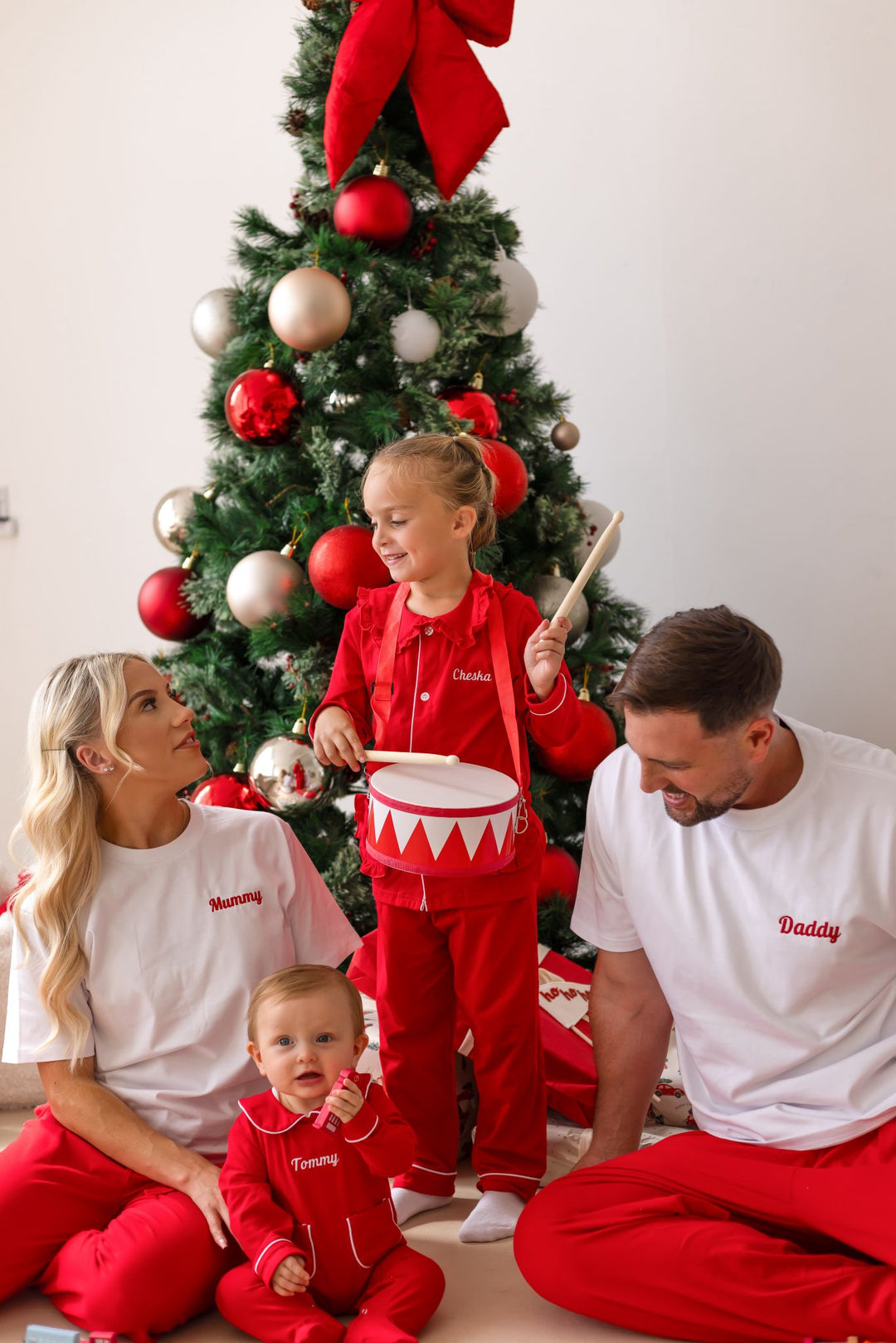 Mens Family Christmas Two Piece Set - Red with White trim