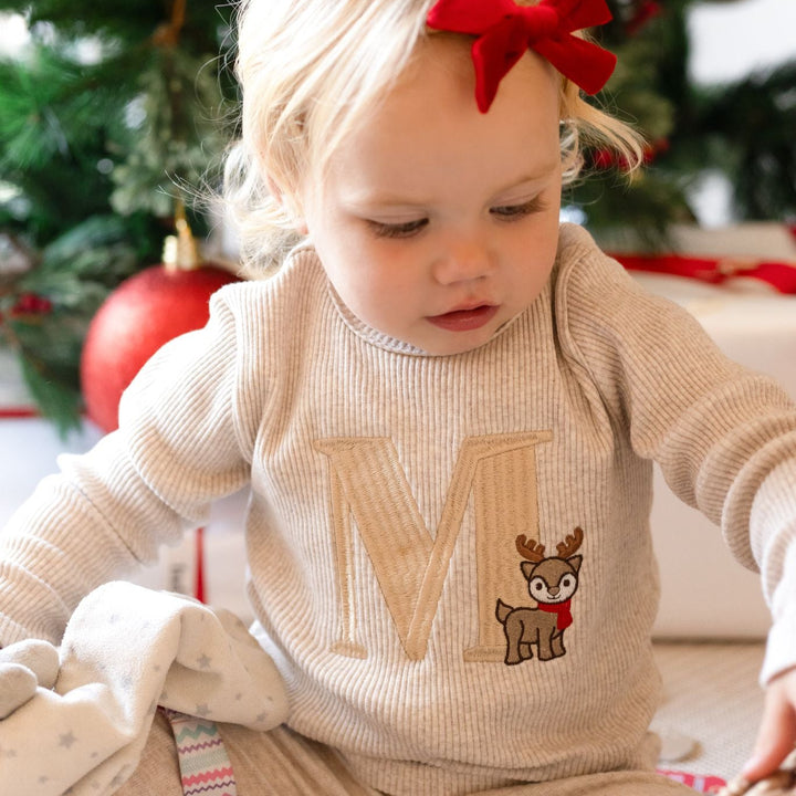 Oatmeal Reindeer Initial Ribbed Set - Embroidered