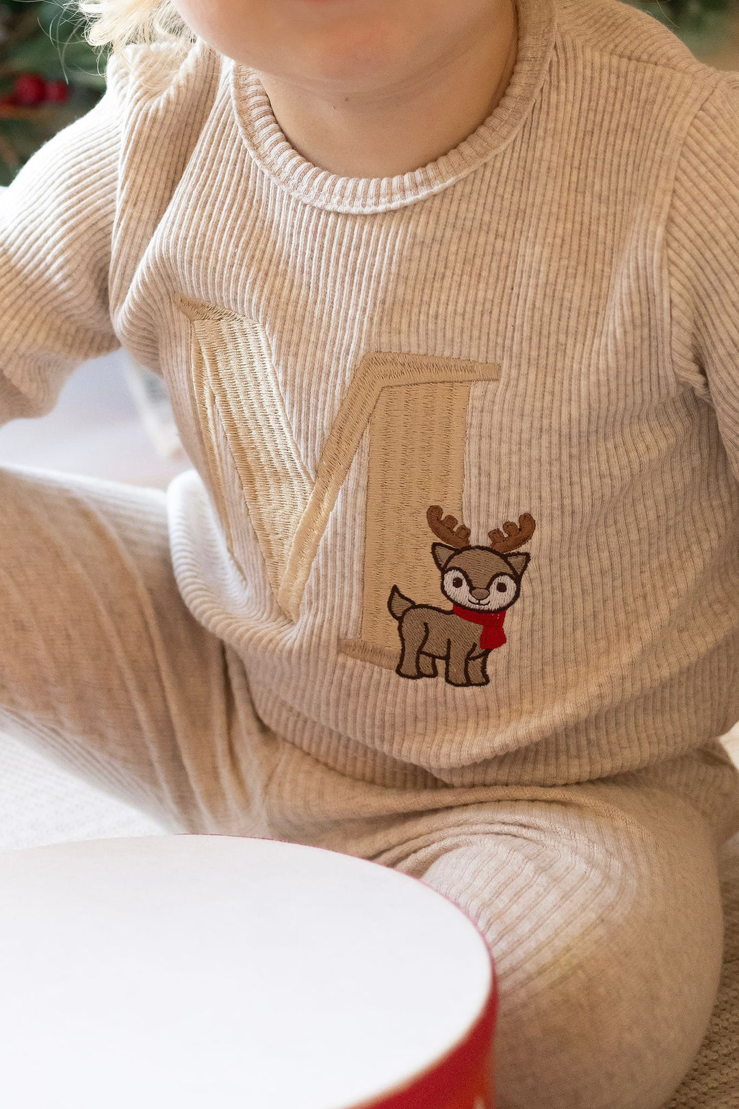 Oatmeal Reindeer Initial Ribbed Set - Embroidered