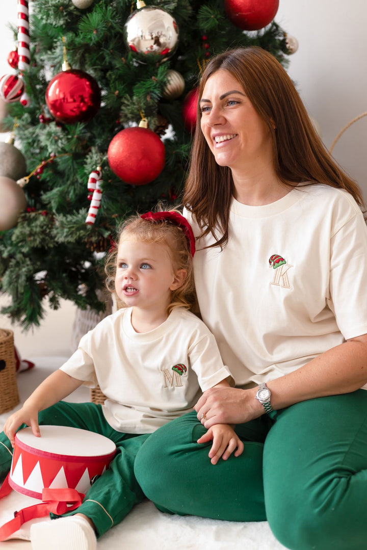Festive Green Children's T-shirt & PJ Set - Elf Initial (embroidery)