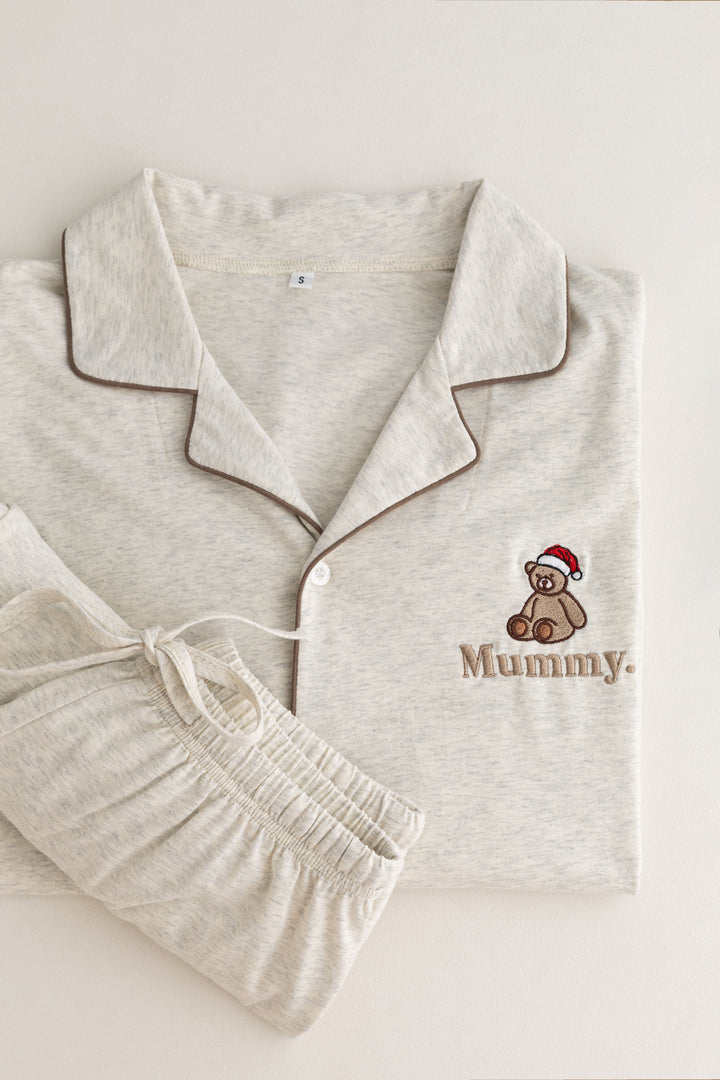 Oatmilk Women's matching PJ set - Bear Santas Hat embroidery