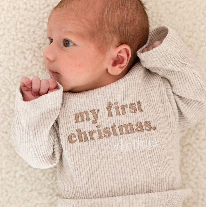 First Christmas Oatmeal Ribbed Baby Set - Embroidered