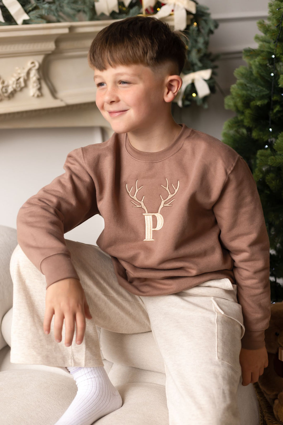 Taupe Antler Initial Classic Sweatshirt - Embroidery